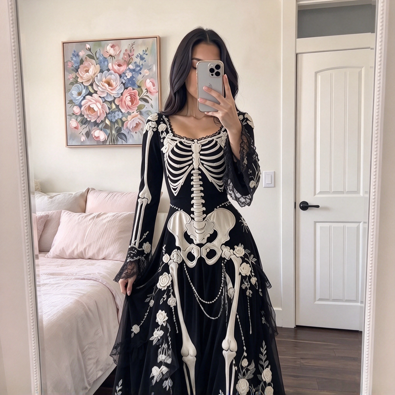 Halloween Skeleton Long Dress Lace Bell Sleeve Printed Dress Vintage Rose Skeleton Cosplay Costume