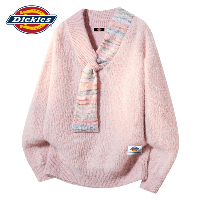 Dickies Pink Patchwork Ribbon V-Neck Couple Sweater Unisex 2026 Autumn and Winter New Trendy Knitwear Dickies Pink Patchwork Ribbon V-Neck Couple Sweater Unisex 2026 Autumn and Winter New Trendy Knitwear