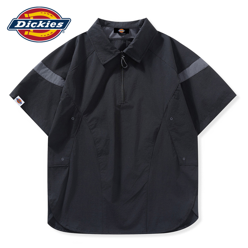 Dickies American Retro Patchwork Handsome Short-Sleeved T-Shirt for Men, Loose Summer Cool Quick-Drying Half-Zip Polo Shirt