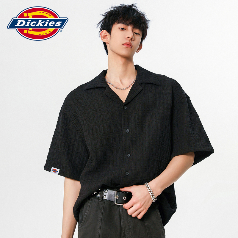 Dickies Black Cool Textured Button-Down Shirt Summer Trendy New Short-Sleeve Thin Men's Casual Clothing