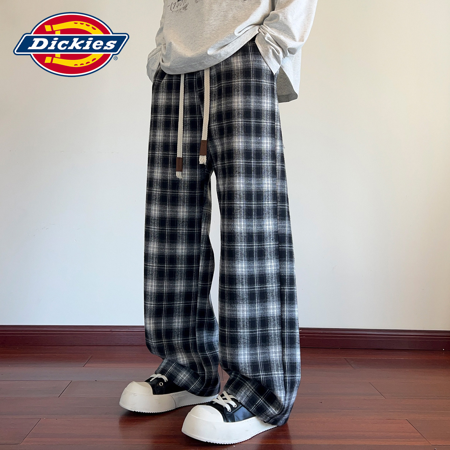 Dickies2026夏季潮牌港风格子阔腿裤男款宽松透气百搭抽绳休闲裤