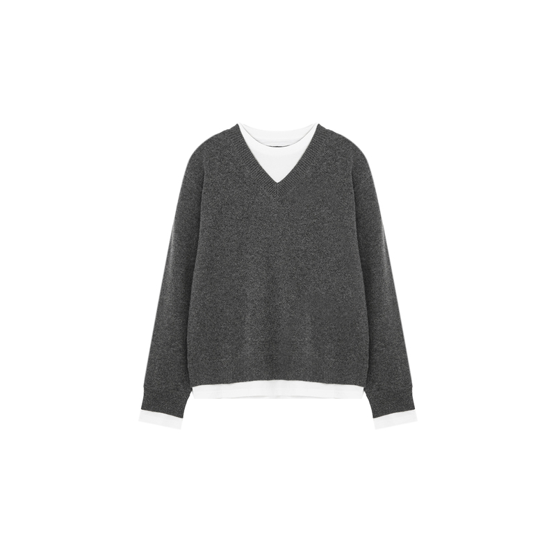 Amiya. Lazy Style Simple Old-Money Fake Two-Piece V-Neck Cashmere Wool Sweater 53Z303027
