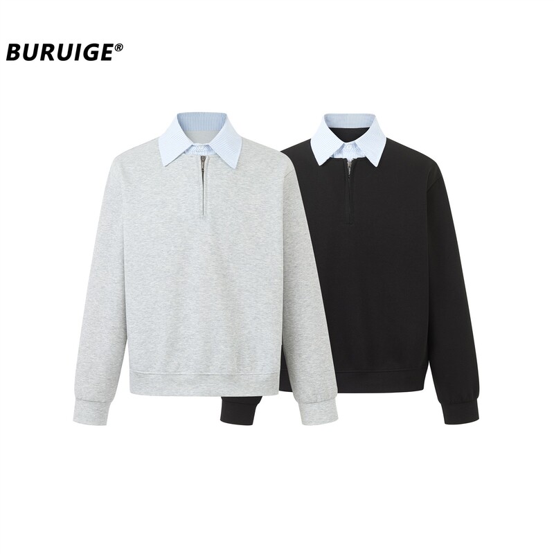 Buruige Fake Two-Piece Shirt Collar Sweatshirt 2026 Spring New Slightly Loose Unisex Polo Collar T-Shirt Top