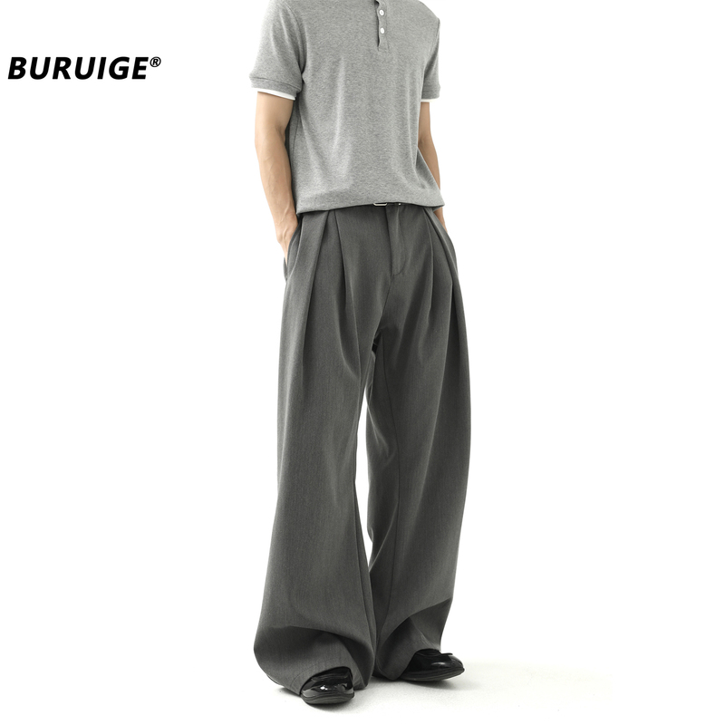 Buruige Old Money Style Pleated A-Line Silhouette Trousers with Scimitar Design, Wide-Leg Pants, Casual Straight-Leg Loose Trousers Buruige Old Money Style Pleated A-Line Silhouette Trousers with Scimitar Design, Wide-Leg Pants, Casual Straight-Leg Loose Trousers