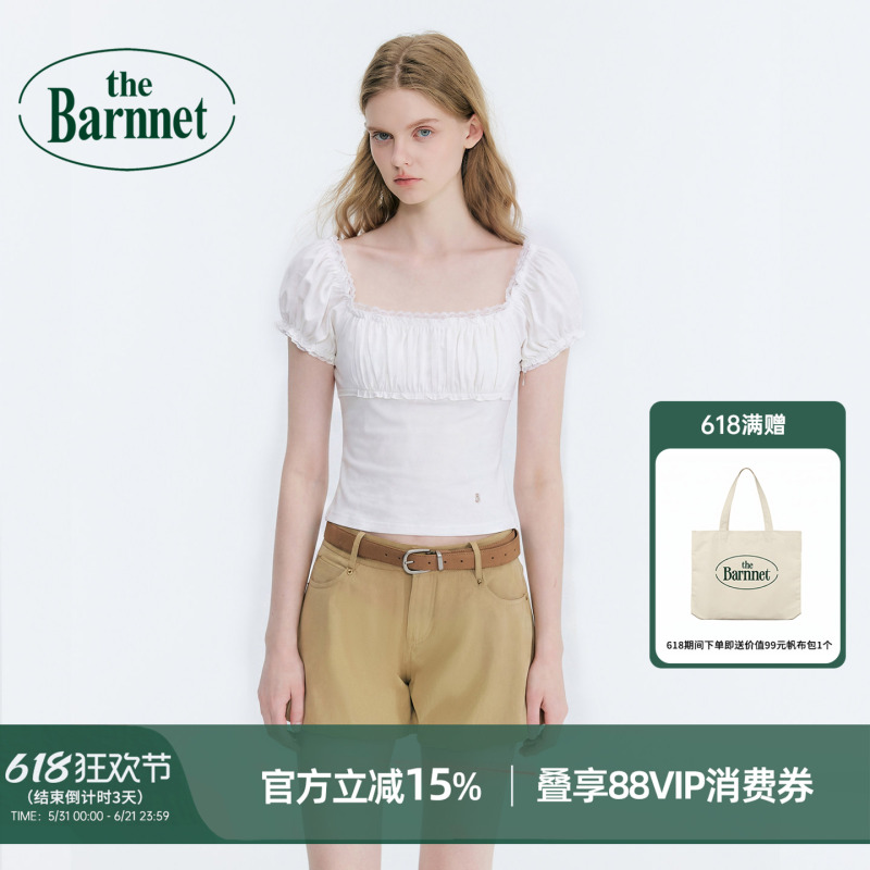 [Official Authentic Product] Thebarnnet Eight Milk Lace Trim Puff Sleeve T-Shirt for Women, Summer Square Neck Short Top