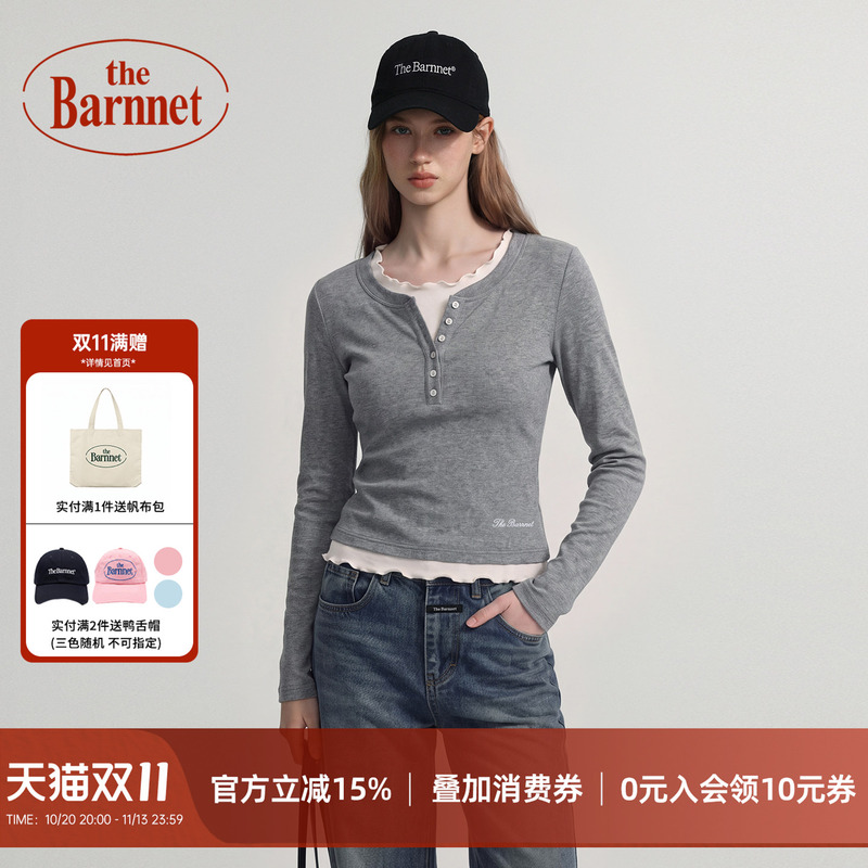 The Barnnet【Official Genuine】Fake Two-Piece Henry Collar Long Sleeve T-Shirt for Women, Autumn Slim Fit Base Shirt Top The Barnnet【Official Genuine】Fake Two-Piece Henry Collar Long Sleeve T-Shirt for Women, Autumn Slim Fit Base Shirt Top