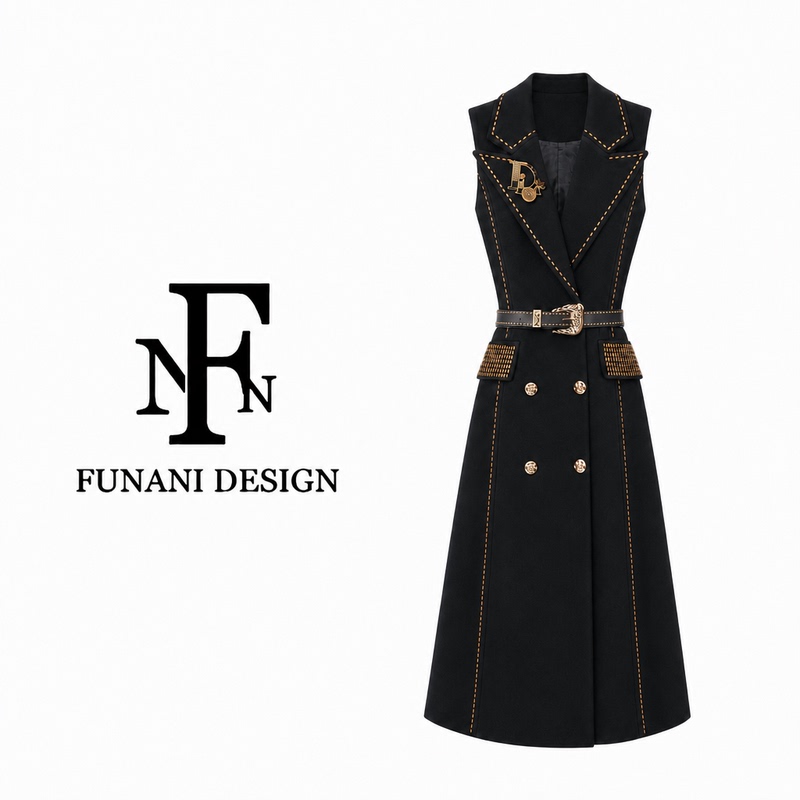 Fnn Black Sleeveless Long Vest for Women, Autumn High-End Style with Decorative Stitching and Waist-Cinching Coat Df2630975A Fnn Black Sleeveless Long Vest for Women, Autumn High-End Style with Decorative Stitching and Waist-Cinching Coat Df2630975A