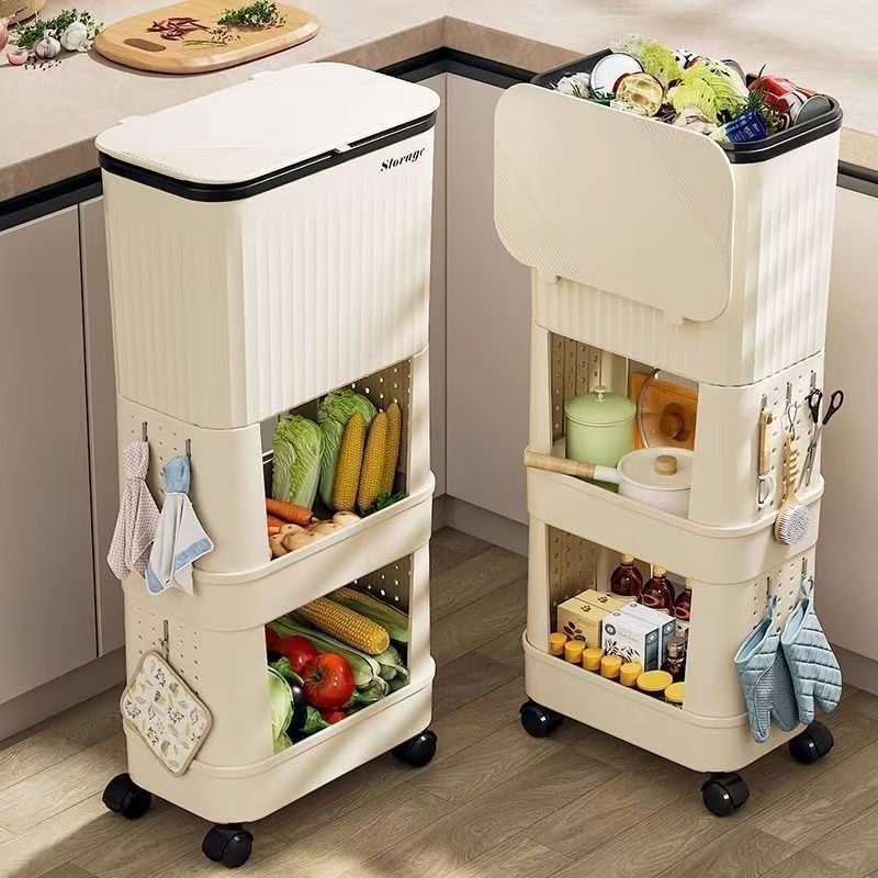 Multifunctional Multi-Layer Storage Rack Kitchen Trash Can with Large Capacity, Household Use, with Lid, Movable Wheels, Storage Without Bending over