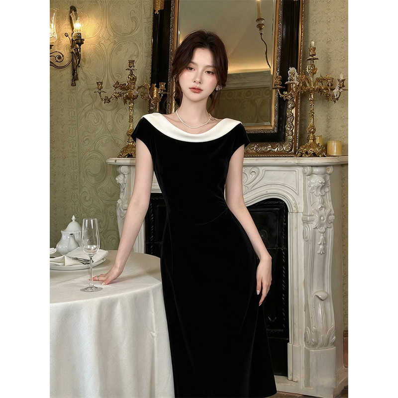 French Hepburn Style Evening Dress, High-End Black Velvet Sleeveless Dress, Elegant and Graceful for Evening Party Hostess