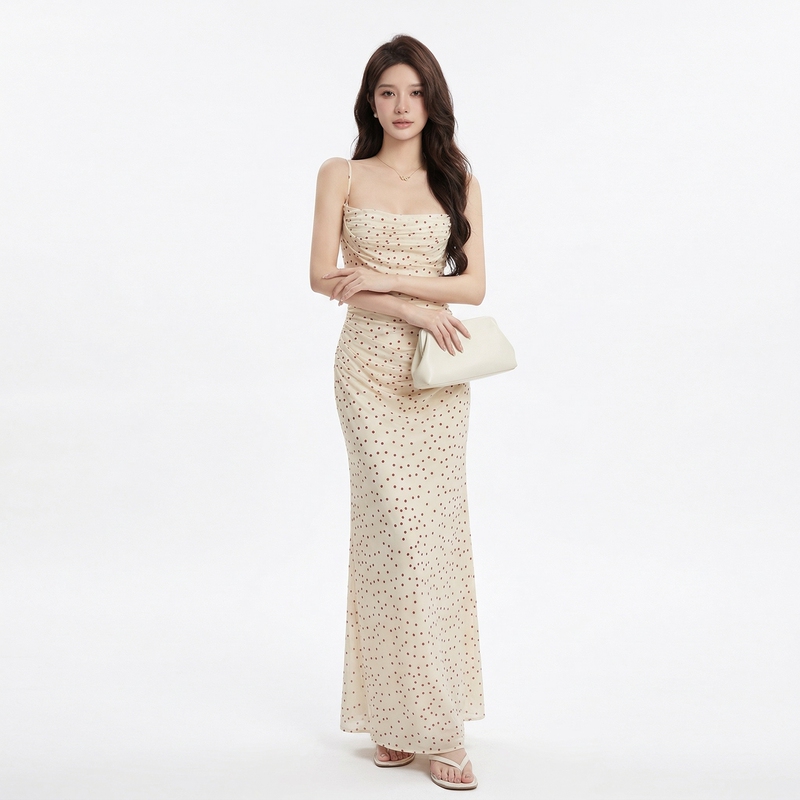 Luna Summer Spaghetti Strap Beach Vacation Dress for Women, French Polka Dot Waist-Cinching Slim Fit Bodycon Fishtail Dress