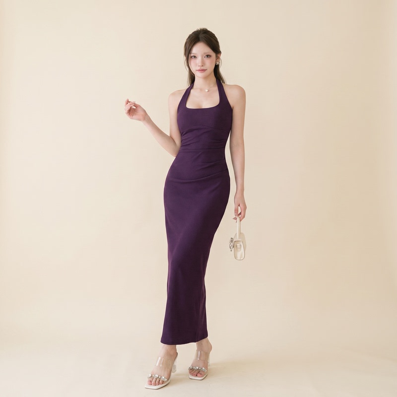Xiaoke Wiwi French-Style Purple Halter Neck Dress for Women, Summer Slim Fit, Backless, Waist-Cinching, Bodycon Long Dress with Elegance Xiaoke Wiwi French-Style Purple Halter Neck Dress for Women, Summer Slim Fit, Backless, Waist-Cinching, Bodycon Long Dress with Elegance