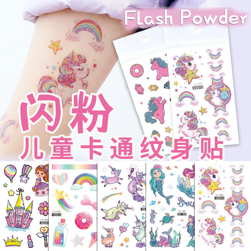 Children's Cartoon Tattoo Stickers with Glitter for Boys and Girls, Eco-Friendly Cute Unicorn, Mermaid, Dinosaur Stickers, Cross-Border Supply