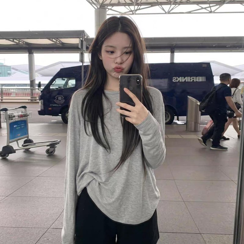 Angel Eun Lyocell Lazy Style Gray Long-Sleeved Anti-Sun T-Shirt for Women Early Autumn Loose Casual Off-Shoulder Top