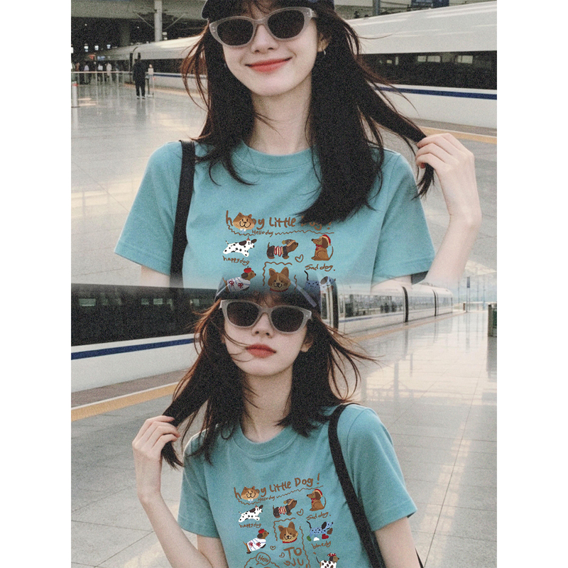 Angel Eun Summer Cute Style Cartoon Print Short-Sleeved T-Shirt for Women with Sweet Design and Spicy Girl Lake Blue Top Angel Eun Summer Cute Style Cartoon Print Short-Sleeved T-Shirt for Women with Sweet Design and Spicy Girl Lake Blue Top