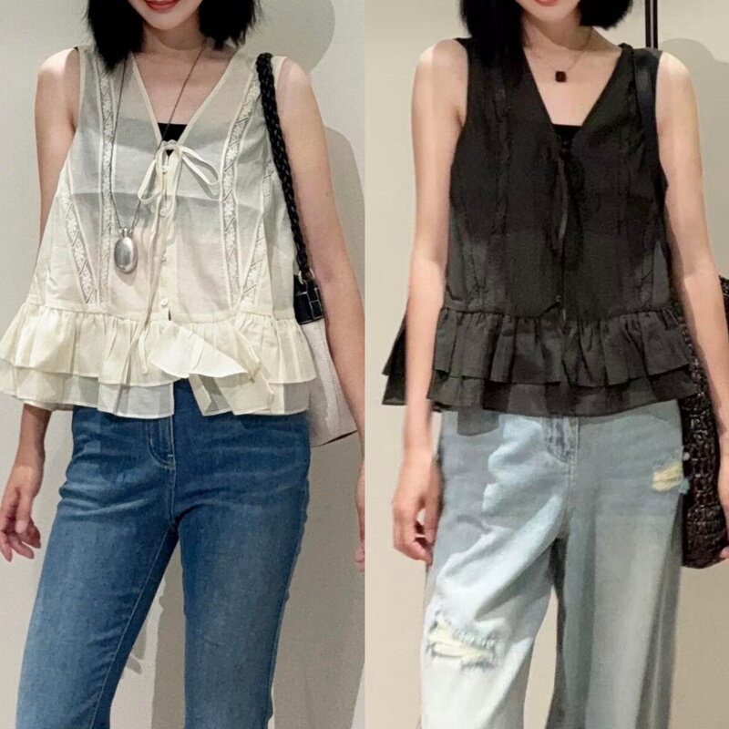 Casual Asy26 Summer Style Super Comfortable Lace Patchwork Ruffled Mulberry Silk Cotton Blend Sleeveless Shirt