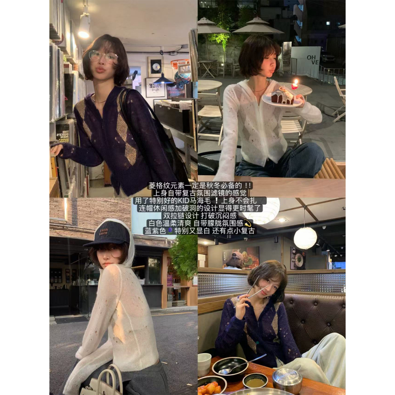 Lixm Miao Miao Lucky Block Card Mohair Argyle Pattern Hooded Long Sleeve Cardigan