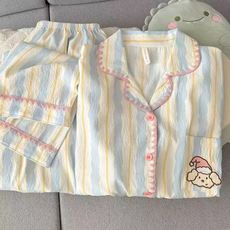 Sleepwear for Graduate Students, Cloud Cotton Spring Long-Sleeve Cardigan Set, Korean Style Cartoon Striped Loungewear, Can Be Worn Outside