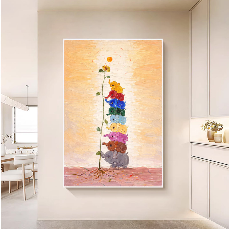 Purely Hand-Painted Oil Painting "Nine Auspicious Elephants" for the Entrance Hall, Living Room, Dining Room, with Good Auspicious Meaning, Wall Art for Children's Room and Study Room Decoration