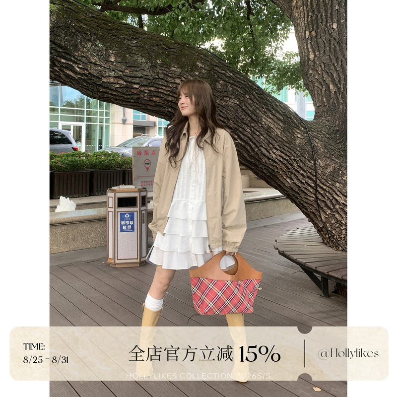Hollylikes100 Cotton Korean Style Khaki Casual Jacket for Women, Loose Casual Commuter Stand Collar Jacket Top