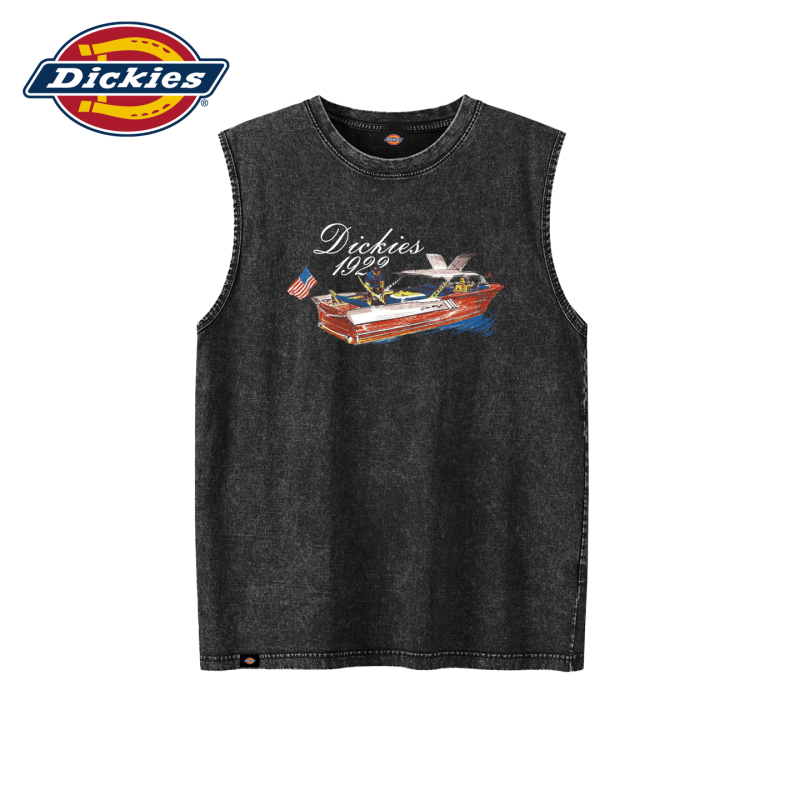 Dickies Washed Vintage Sleeveless Vest with Retro Yacht Print, Unisex Summer Trendy Brand Pure Cotton Vest