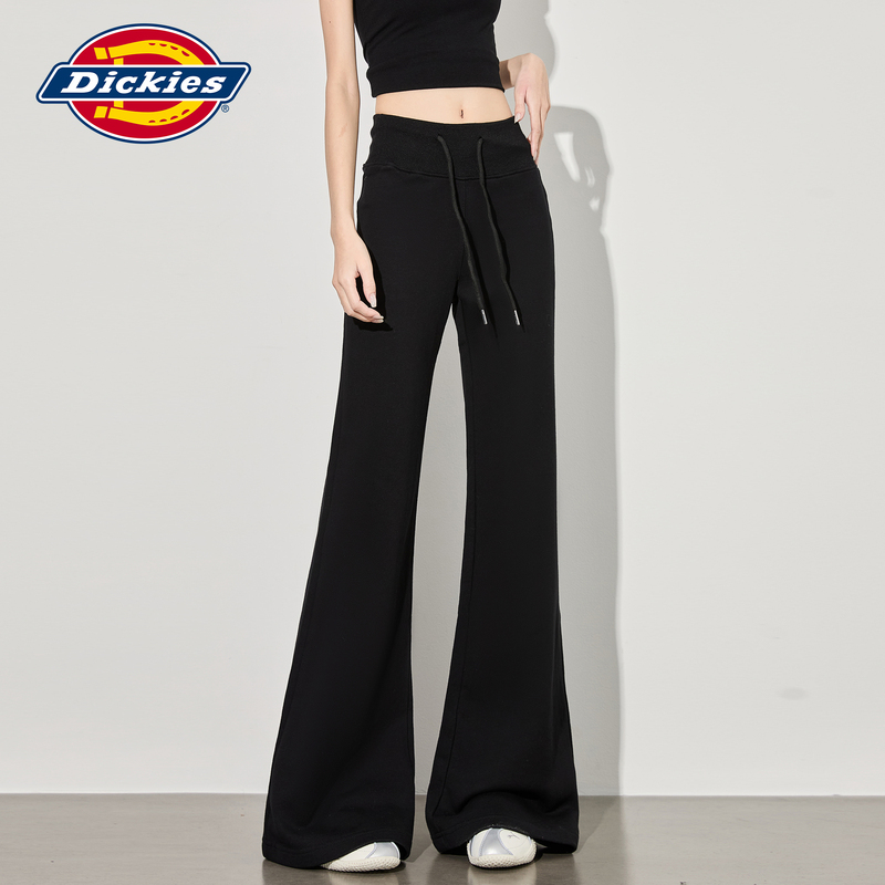 Dickies Black Flared Casual Pants for Women with Elastic Waist, Slim Fit, Drawstring, Sporty Sweatpants