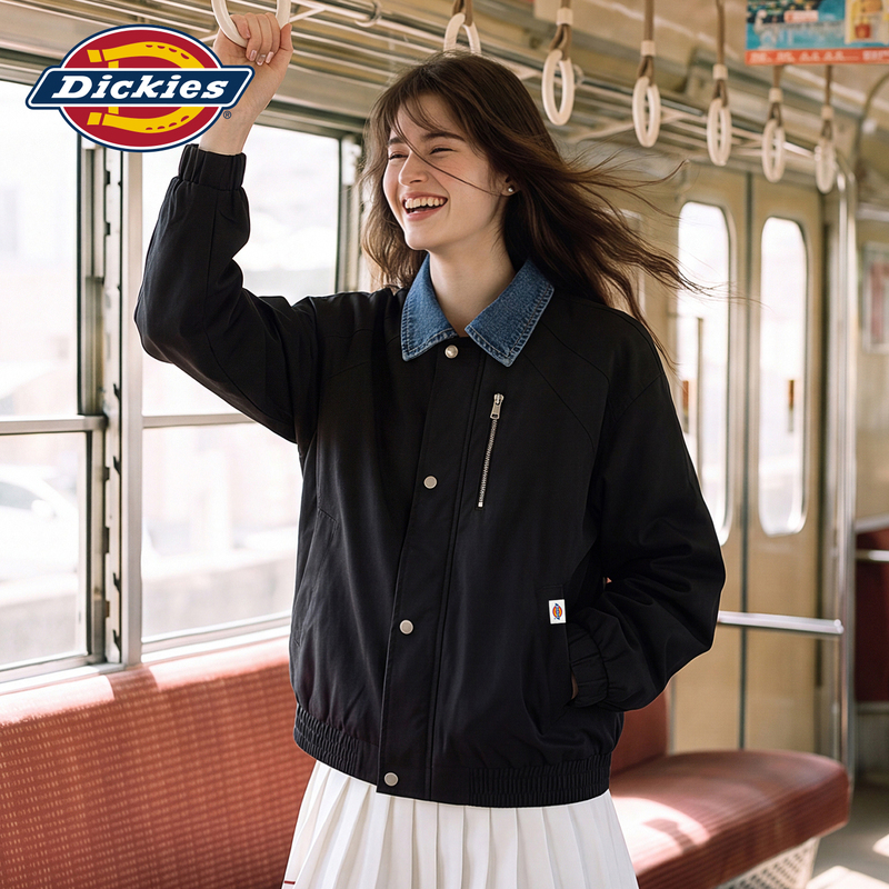 Dickies Workwear-Style Lapel Jacket for Women, American High Street Patchwork Design Casual Baseball Jacket