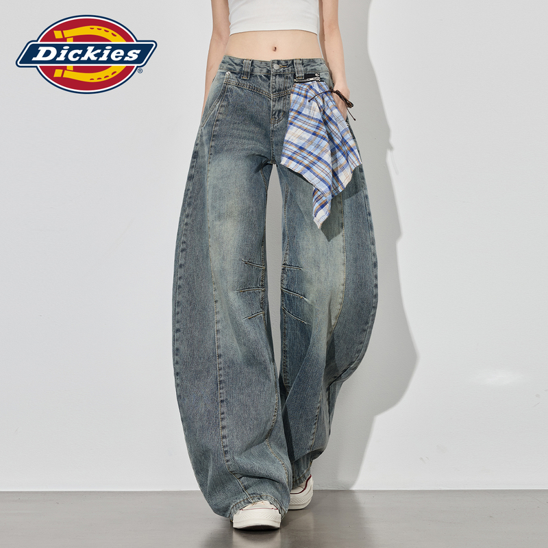 Dickies Plaid Ribbon Curved Hem Jeans for Women, Loose Fit, Pear-Shaped Body, Wide-Leg Pants