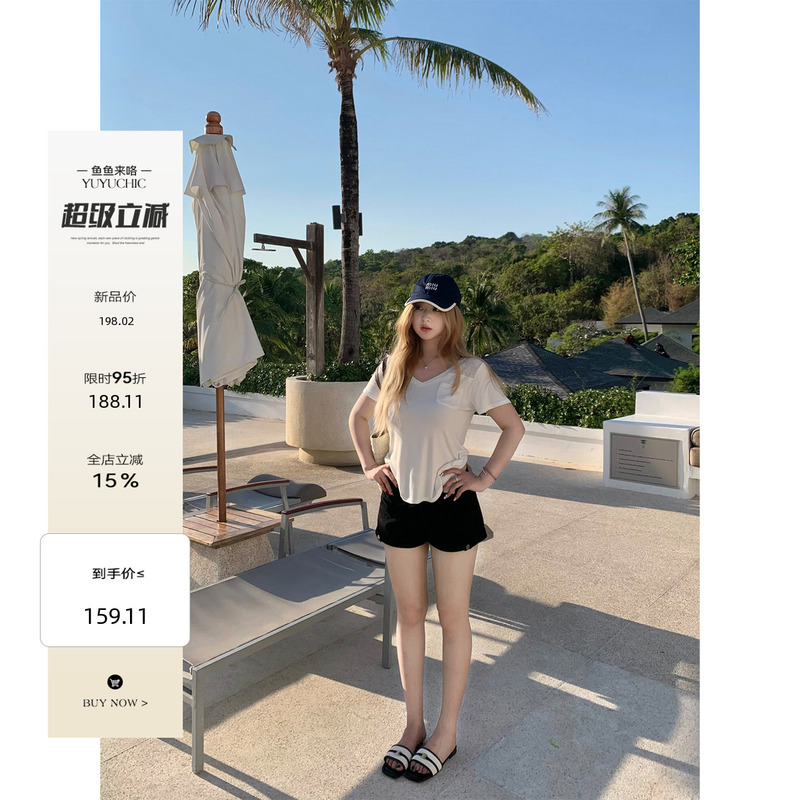 Fishyulai Hot Spot: Plus-Size Pure Cotton High-Waisted Shorts, Versatile and Slimming, Button-Up Large-Size Denim Shorts