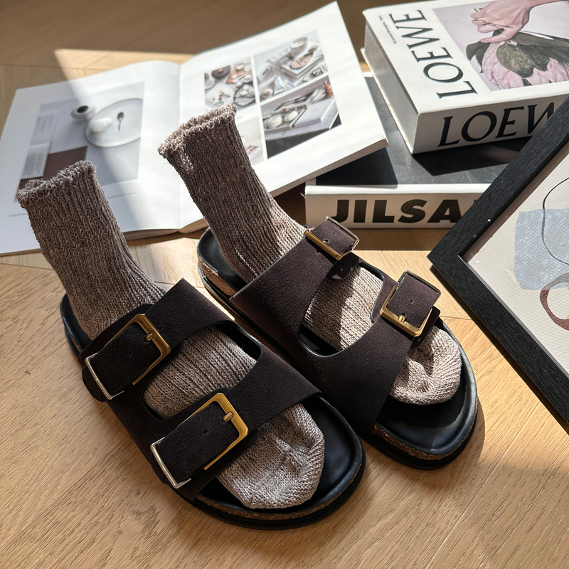 Lamisince Muse Cow Suede Double-Strap Metal Buckle Thick-Soled Birkenstock-Style Slippers Lamisince Muse Cow Suede Double-Strap Metal Buckle Thick-Soled Birkenstock-Style Slippers