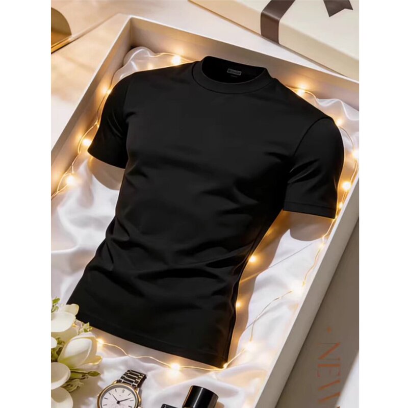 Black Slim-Fit Short-Sleeve Men's Summer Heavyweight Small Neckline Slim-Fit T-Shirt for Sports and Fitness, Showcasing Muscles, Half-Sleeve