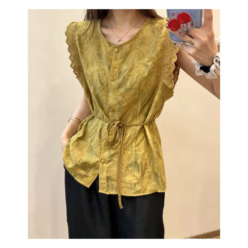 8716/Khemiya Heavy Lace Sleeve Waist-Cinching Blouse-Is-7.30