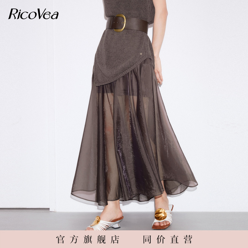 Ricovea【Flowing Semi-Sheer Skirt】High-Waisted, Large-Flared Silhouette, Mid-Length Skirt for Summer 2026 Bc352232