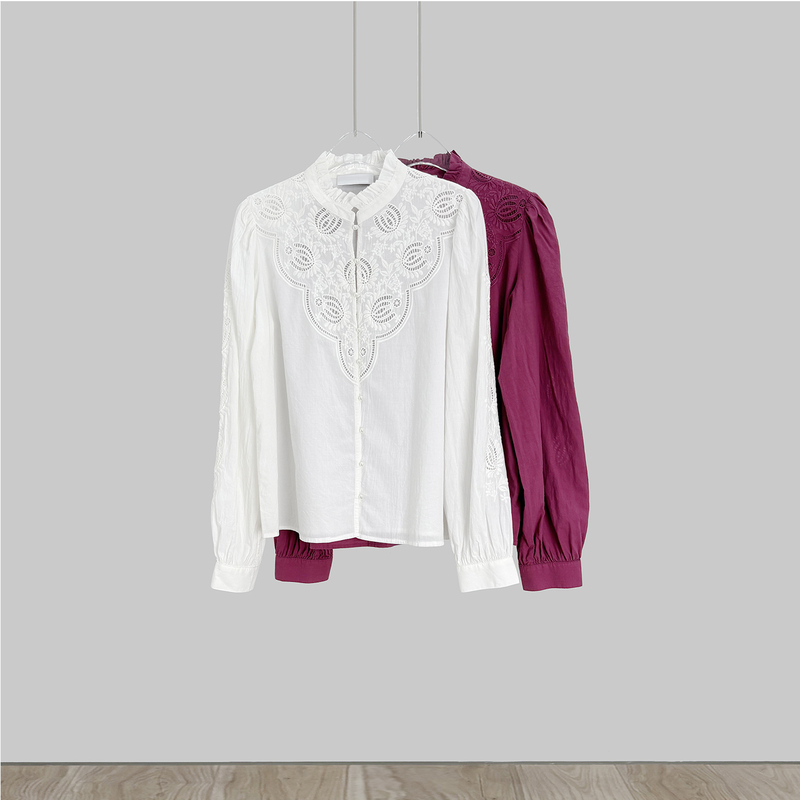 Holiday Benefits~ Four-Season Organic Cotton Heavy Embroidery Ruffled Long-Sleeve Shirt Top S26100705 Holiday Benefits~ Four-Season Organic Cotton Heavy Embroidery Ruffled Long-Sleeve Shirt Top S26100705