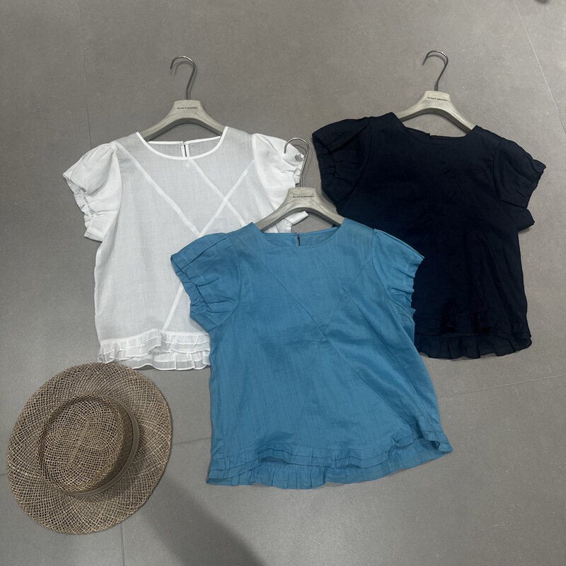 Qiqi 6.12 Feifei's Home [100% Ramie] Pleated Design Round Neck Short Sleeve Top 4422Hx