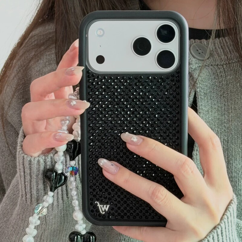 [High-End Version] European and American Upgraded Version Wf Phone Case with Sparkling Rhinestones, Obsidian Black, Suitable for Apple 18 Pro Max Phone Case, iPhone 17 Hard Case, Anti-Drop, High-End Trendy Brand Luxury Protective Cover 16