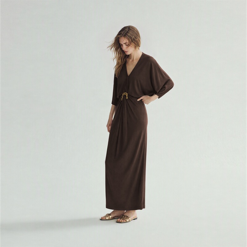 Thebay【Monte】Structural Aesthetics Deep V Collar with Overlapping Metal Buckle Waist Slimming Dress Long Skirt