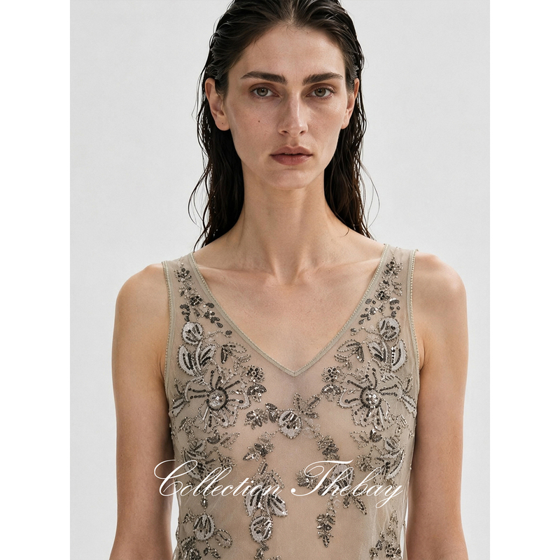 Thebay【Pearl Flower Rhythm】Artisan Series Heavy Beaded Embroidery V-Neck Inner Layer Top for Women Summer