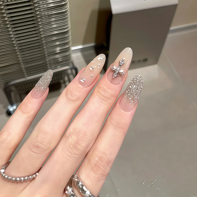 Light Luxury Cross Design, High-End Feel, Brightening, Sweet and Cool Style, 2026 Summer Bridal Style Press-On Nails, Rhinestone Gradient Manicure
