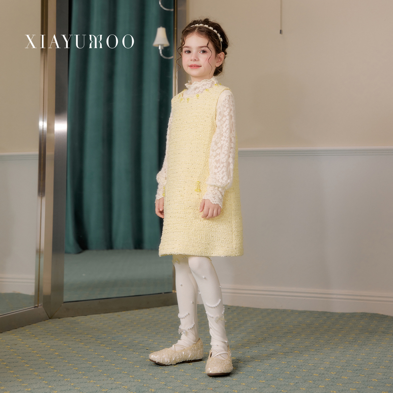 【New for Autumn】Xia Yumo's'Gardenia Tea Party' Girls' Light Yellow Princess Style Dress Little Chanel Vest Dress