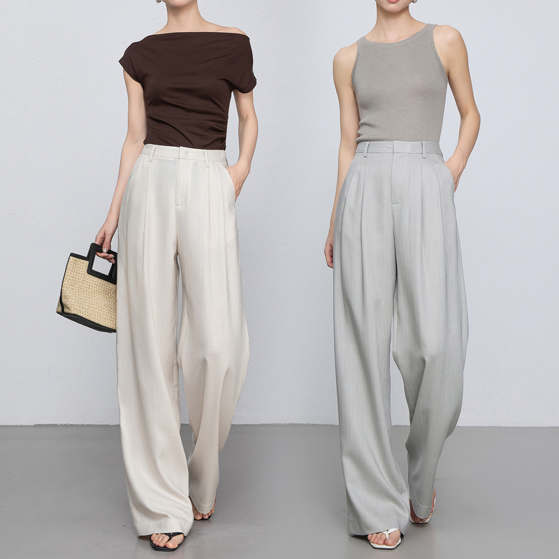 Old Money Style Drapey Tencel Linen Wide-Leg Pants for Women, Long Thin Summer High-Waisted Slimming Herringbone Suit Pants