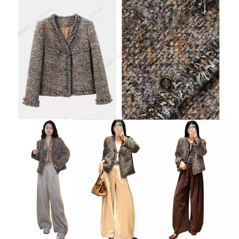 【Mdeco】[Golden Years] Elegant Tweed Woven Velvet-Like Shiny Multi-Color Coat