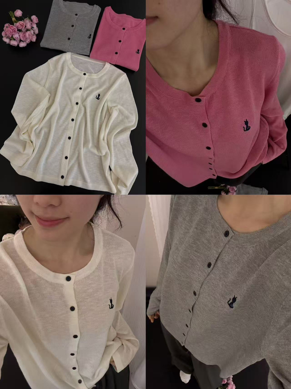 4-111 Kitten Embroidered Round Neck Long-Sleeved Sun Protection Cardigan