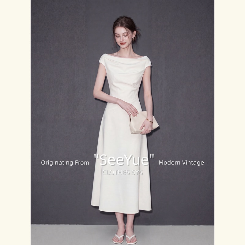 Comfortable and Elegant Off-White Off-Shoulder Pleated Slim-Fit Dress for Women 2026 New Summer Style Long Dress Comfortable and Elegant Off-White Off-Shoulder Pleated Slim-Fit Dress for Women 2026 New Summer Style Long Dress