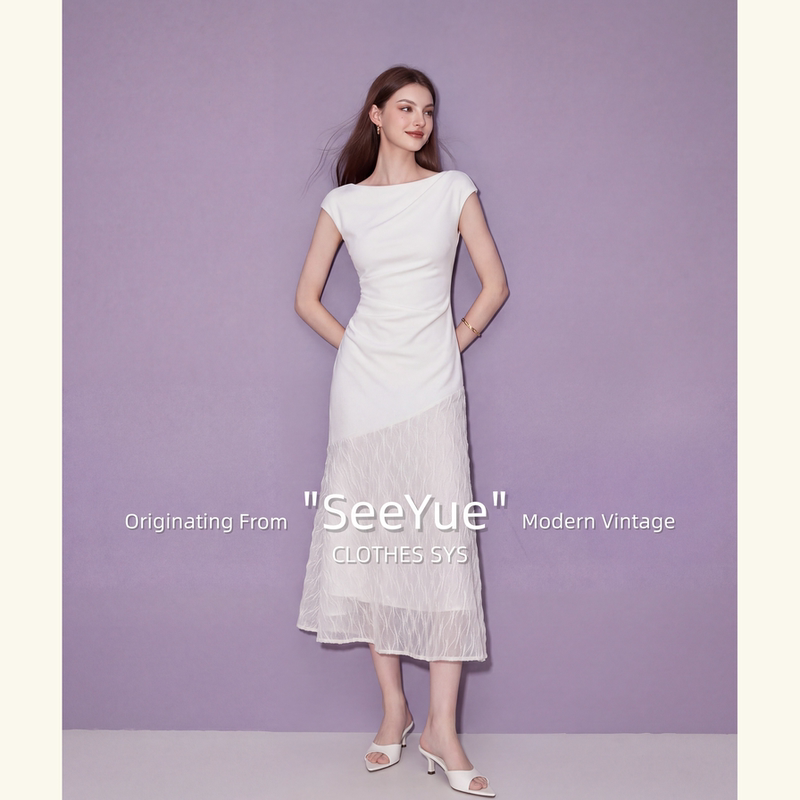 French Hepburn Style Boat Neck Sleeveless Dress for Women 2026 New Summer Design Mesh Splicing Little White Dress