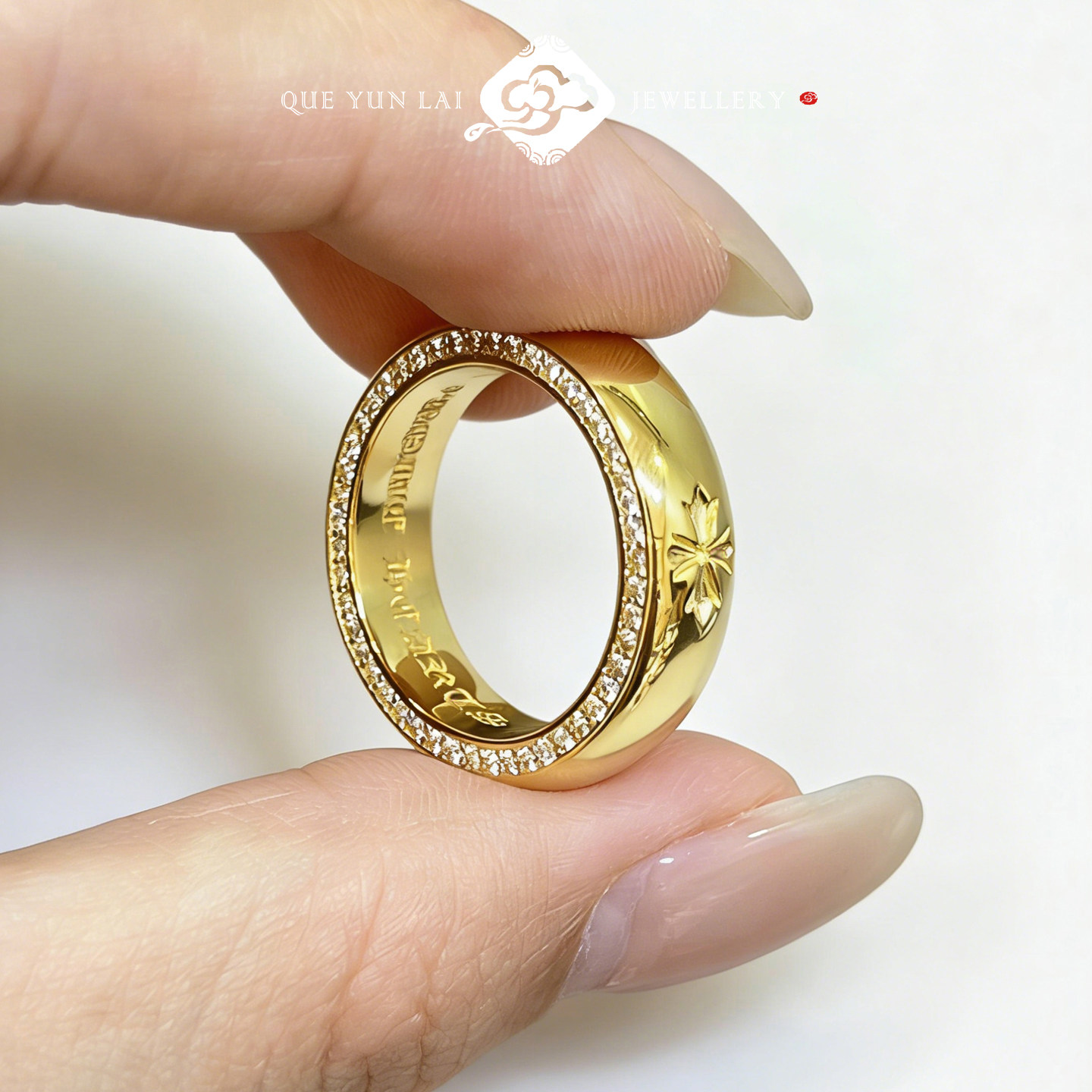 Queyunlai 999 solid gold dot diamond ring ancient gold ring women's Croix cross heart personalized European style