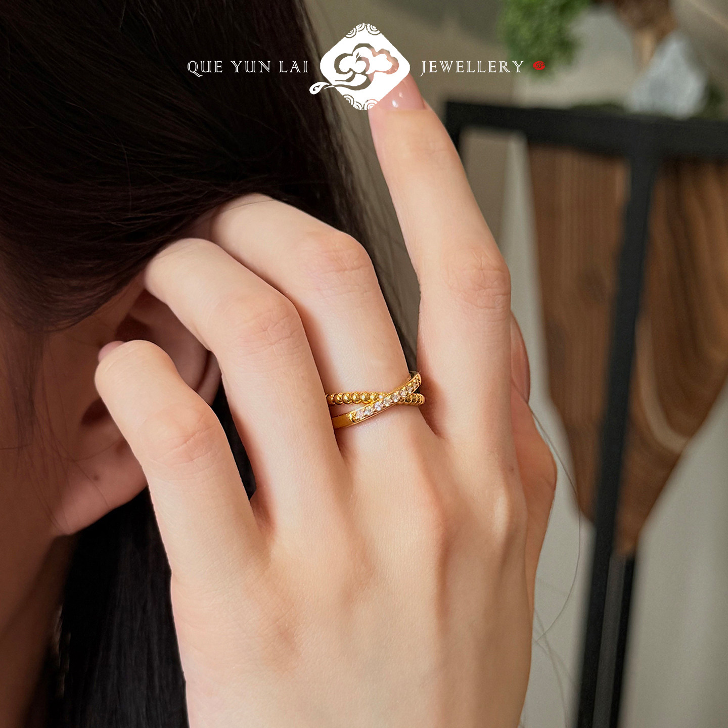 5D gold ring crossed galaxy female ring letter X