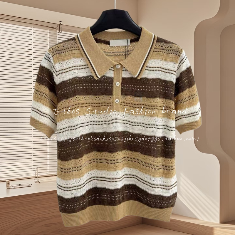 Non-Market Goods~Shenzhen High-End Women's Clothing, College-Style Lapel Short-Sleeve Knit Top with Color-Blocking Letter Embroidery, Versatile Top