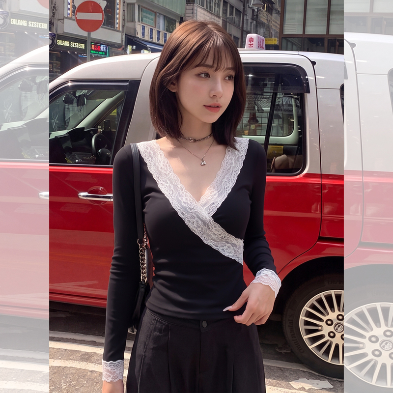 Korean-Style Lace-Trimmed Black Long-Sleeve Knit Sweater for Women, Early Autumn, Slim Fit, Suitable for Petite Figures, Can Be Worn Alone or as a Base Layer