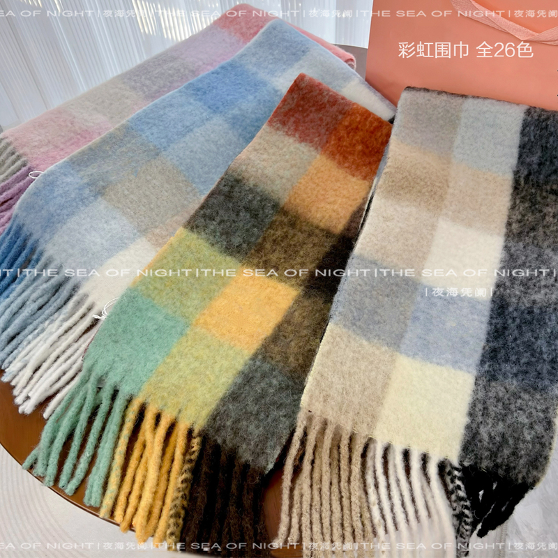 Rainbow Scarf Wool Scarf Shawl Alpaca Wool Colorful Plaid Scarf Color-Blocked Double-Sided Scarf with Tassels for Women Winter Style