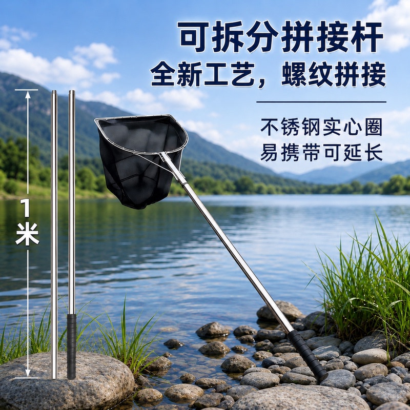 Portable Fishing Net with Detachable Stainless Steel Flat Head, Solid Steel Ring, Strong Load-Bearing Capacity and Lightweight Design Portable Fishing Net with Detachable Stainless Steel Flat Head, Solid Steel Ring, Strong Load-Bearing Capacity and Lightweight Design